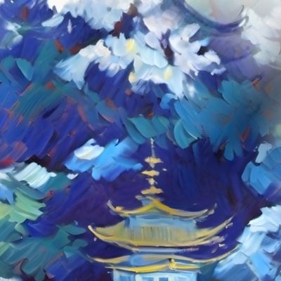 Blue chinoiserie pagoda landscape