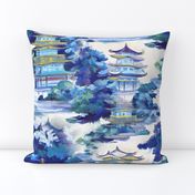 Blue chinoiserie pagoda landscape