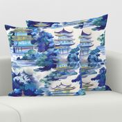 Blue chinoiserie pagoda landscape