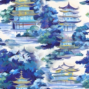 Blue chinoiserie pagoda landscape