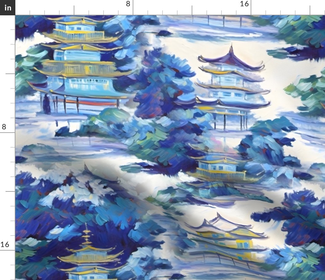 Blue chinoiserie pagoda landscape