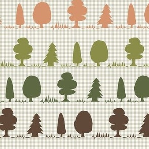 482 -  Autumn tree horizontal stripe on pale green gingham - rainbown ombre color