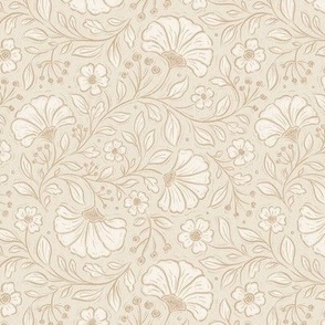 Small scale / Chintz florals beige cream tone on tone / Textured Indian wood block print trailing flowers leaves in warm neutrals light pale ivory tan pastel boho line art / William morris inspired folk art and crafts