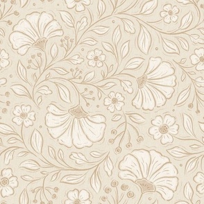Medium scale / Chintz florals beige cream tone on tone / Textured Indian wood block print trailing flowers leaves in warm neutrals light pale ivory tan pastel boho line art / William morris inspired folk art and crafts