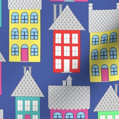 046 - Medium scale dark blue graceful Paris city  neighborhood buildings in pink, turquoise, green yellow pastel neon houses and flowers - for nursery wallpaper, kids bedding, children's curtains and upholstery