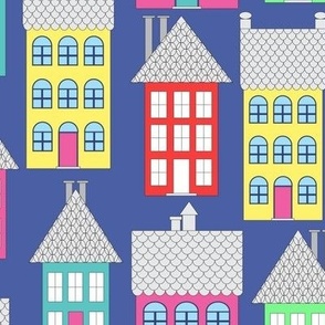 046 - Medium scale dark blue graceful Paris city  neighborhood buildings in pink, turquoise, green yellow pastel neon houses and flowers - for nursery wallpaper, kids bedding, children's curtains and upholstery