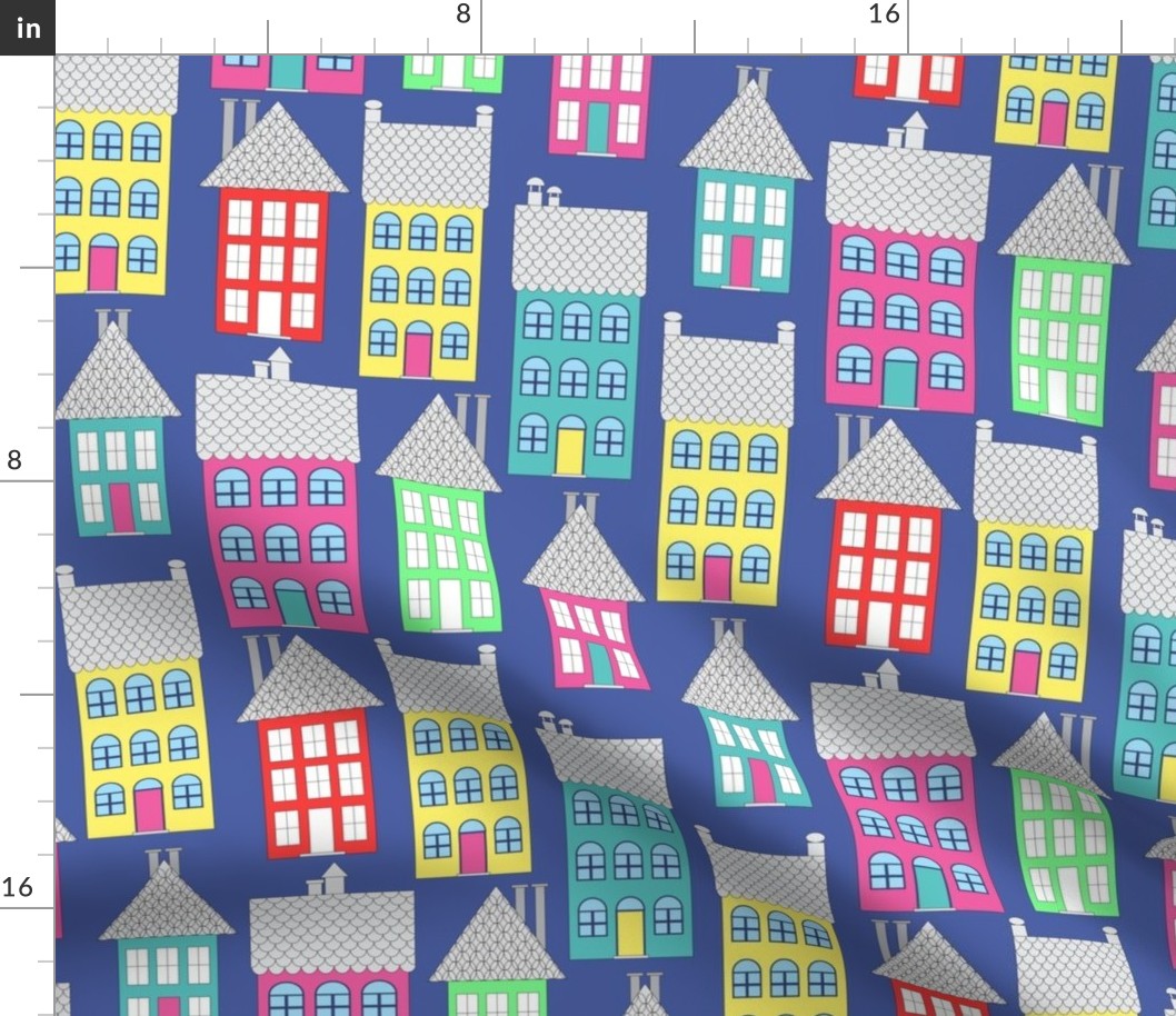 046 - Medium scale dark blue graceful Paris city  neighborhood buildings in pink, turquoise, green yellow pastel neon houses and flowers - for nursery wallpaper, kids bedding, children's curtains and upholstery