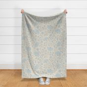 Large scale / Chintz florals pastel blue on cream / Textured Indian wood block print trailing flowers leaves in warm neutrals light pale powder sky blue line art on beige ivory / William morris inspired folk art and crafts