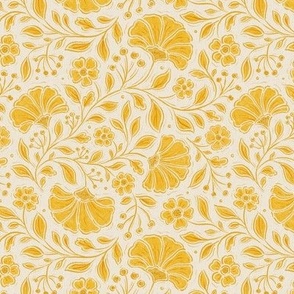 Small scale / Chintz florals yellow on cream / Textured monochrome Indian wood block print trailing flowers leaves in warm sunny mustard goldenrod line art on beige ivory / William morris inspired folk art and crafts