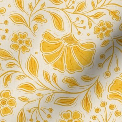 Medium scale / Chintz florals yellow on cream / Textured monochrome Indian wood block print trailing flowers leaves in warm sunny mustard goldenrod line art on beige ivory / William morris inspired folk art and crafts