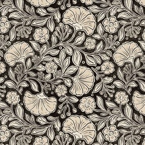 Small scale / Chintz florals tan on black / Textured monochrome Indian wood block print trailing flowers leaves in creamy beige warm neutrals ivory dark moody background / William morris inspired folk art and crafts