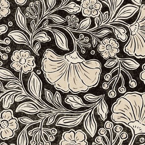 Large scale / Chintz florals tan on black / Textured monochrome Indian wood block print trailing flowers leaves in creamy beige warm neutrals ivory dark moody background / William morris inspired folk art and crafts