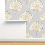 Oversized gold grey peony floral pattern / white / art deco