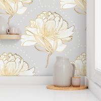 Oversized gold grey peony floral pattern / white / art deco