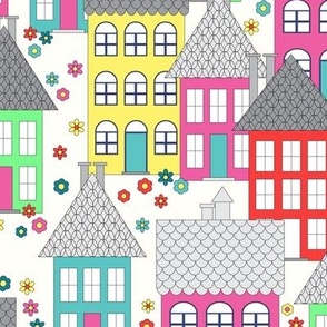 046 - Medium scale graceful house style  Paris city buildings in pink turquoise green yellow pastel neon houses and flowers - for nursery wallpaper, kids bedding, children's curtains and upholstery