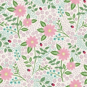 Spring Pink Daisy Floral  and Ladybug Pattern – Charming Floral Print for Home Decor and Appare