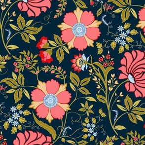 French country floral fantasy/crayon textured/cottagecore/midnight blue