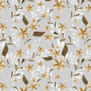 Mustard, white, brown flowers on a light grey background.  
