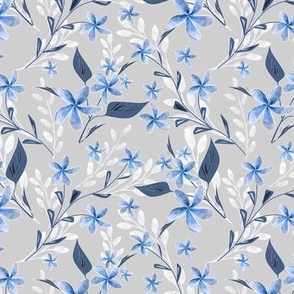 Blue, white flowers on a light grey background.