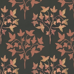 Traditional Pattern of Modern Leaves on Branches, Orange and Dark Gray - Jumbo