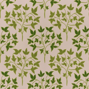 Traditional Pattern of Modern Leaves on Branches, Green and Peach - Large