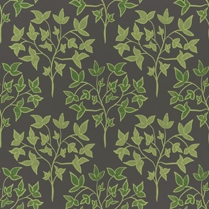 Traditional Pattern of Modern Leaves on Branches - Green and Dark Gray - Large