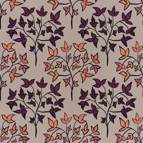 Traditional Pattern of Modern Leaves on Branches - Orange, Maroon, Beige - Large