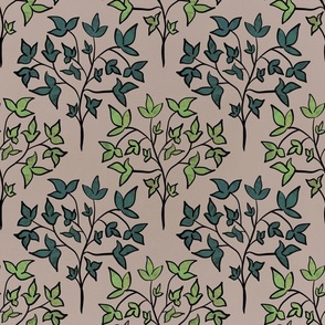 Traditional Pattern of Modern Leaves on Branches - Green and Beige - Large