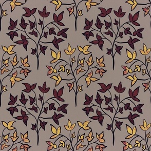 Traditional Pattern of Modern Leaves on Branches - Maroon, Yellow, Beige - Large