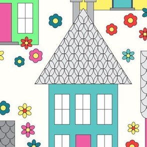 046 - Jumbo scale graceful house style  Paris city buildings in pink turquoise green yellow pastel neon houses and flowers - for nursery wallpaper, kids bedding, children's curtains and upholstery