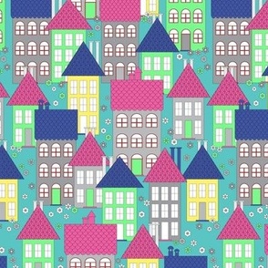 046 - Mini scale city of Paris neighborhood style terraced houses in springtime colors of apple green, hot pink and teal- for wallpaper, duvet covers, curtains and home décor