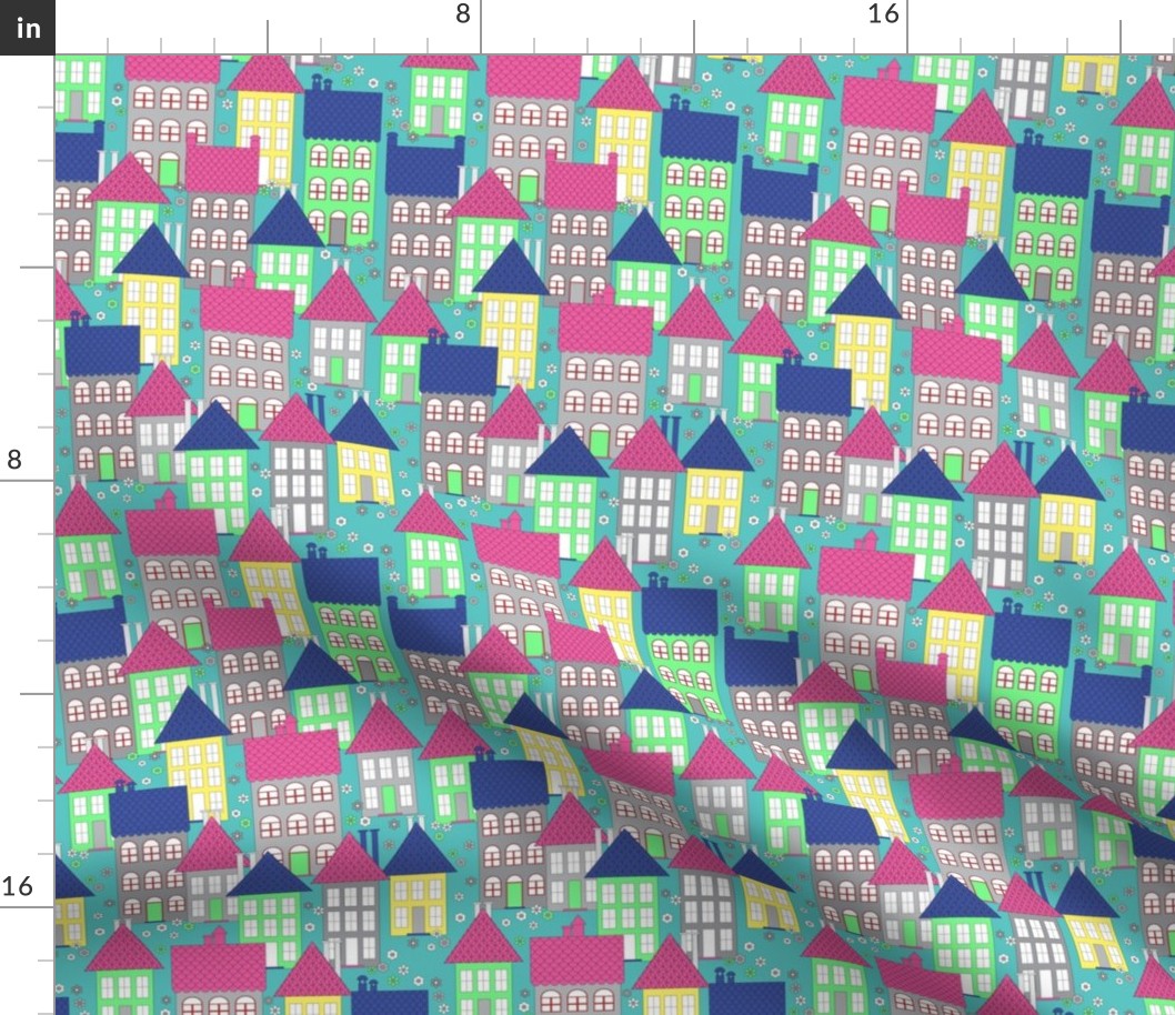 046 - Mini scale city of Paris neighborhood style terraced houses in springtime colors of apple green, hot pink and teal- for wallpaper, duvet covers, curtains and home décor