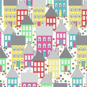 046 - Mini scale graceful house style  Paris city buildings in pink turquoise green yellow pastel neon houses and flowers - for nursery wallpaper, kids bedding, children's curtains and upholstery