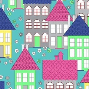 046 - Medium scale city of Paris neighborhood style terraced houses in springtime colors of apple green, hot pink and teal- for wallpaper, duvet covers, curtains and home décor