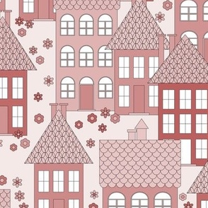 046 - Medium scale muted blush dusty rose pink monochromatic houses a la Maisons au Paris style - for nursery wallpaper, curtains, kids decor and table linen