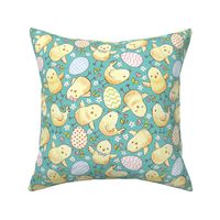 Cute Easter chicks turquoise WB24 , chicken fabric