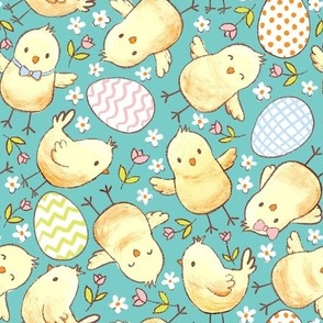 Cute Easter chicks turquoise WB24 , chicken fabric