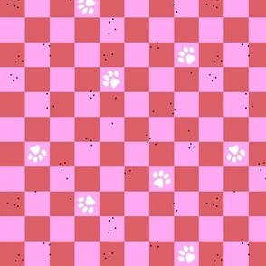  Muddy paws on checker plaid - retro dog design pink red