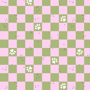  Muddy paws on checker plaid - retro dog design pink matcha green