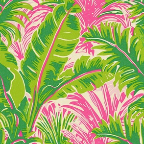 Green Lime and Pink Tropical Leaves and Palms on a Natural Background