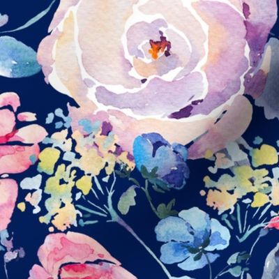 Watercolor Block Print Rose Flowers on Dark Blue