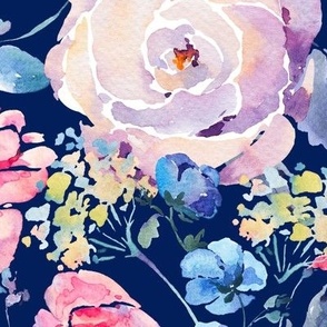 Watercolor Block Print Rose Flowers on Dark Blue