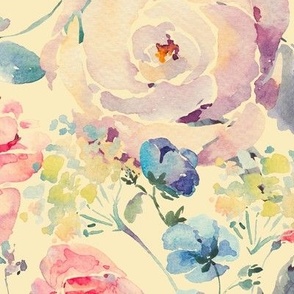 Watercolor Shabby Block Print Rose Flowers