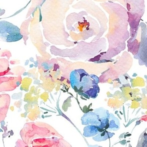 Watercolor Block Print Rose Flowers on White