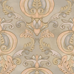 Stylized tomato with baroque accanths in pastel beige shades