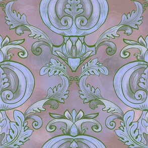 Stylized tomato with accanths in Baroque style in pastel blue-red shades.