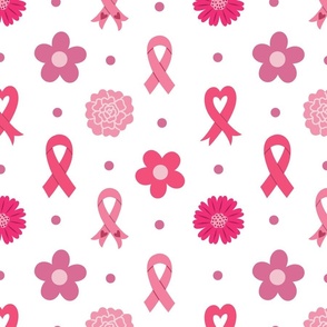 Large Breast Cancer Awareness Pink Ribbons and Flowers on White