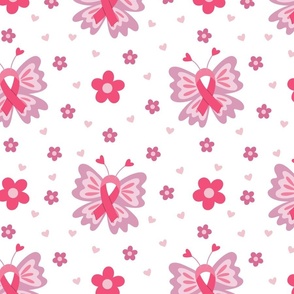 Large Breast Cancer Awareness Pink Ribbon Butterflies on White