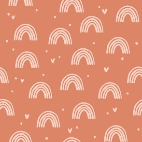 2'  scattered blush pink rainbows with hearts and dots on a coral background - hand painted rainbows