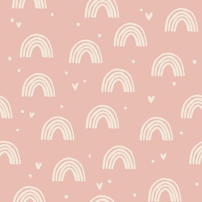 2' scattered cream rainbows with hearts and dots on a blush pink background - hand painted rainbows
